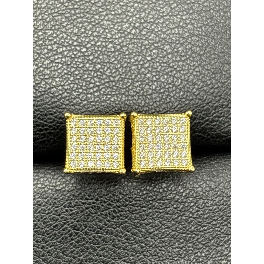 New Condition Gold Sterling Cubic Zirconia Pave Square Earrings 925 H25